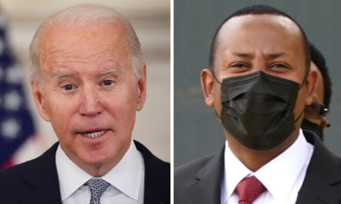 (L): President Joe Biden speaks from the State Dining Room of the White House in Wash., on Jan.7, 2022. (R): Ethiopian Prime Minister Abiy Ahmed acknowledges the crowd in Addis Ababa, Ethiopia, on Oct. 4, 2021. (Mandel Ngan/AFP, Jemal Countess/Getty Images)