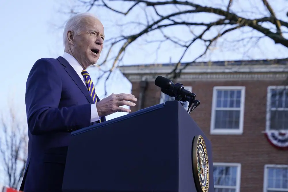 President Joe Biden speaks in support of changing the Senate filibuster rules that have stalled voting rights legislation, at Atlanta University Center Consortium on the grounds of Morehouse College and Clark Atlanta University in Atlanta on Jan. 11, 2022. (Patrick Semansky/AP Photo)