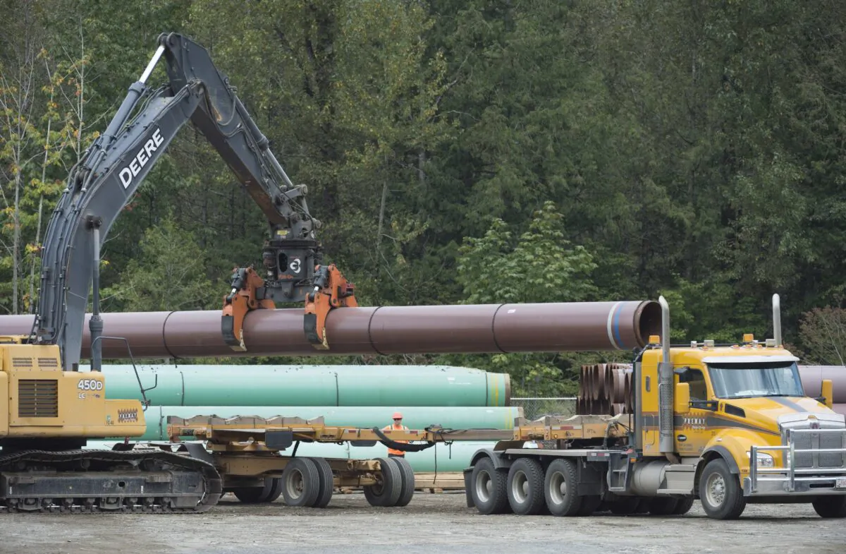 Pipeline pipes are seen at a Trans Mountain facility near Hope, B.C., Aug. 22, 2019. (Jonathan Hayward/The Canadian Press)