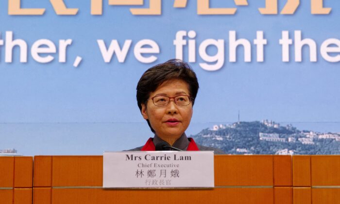 Hong Kong's Chief Executive Carrie Lam holds a press conference, announcing strict new anti-coronavirus controls in Hong Kong on Jan. 5, 2022. (Daniel Suen/AFP via Getty Images)