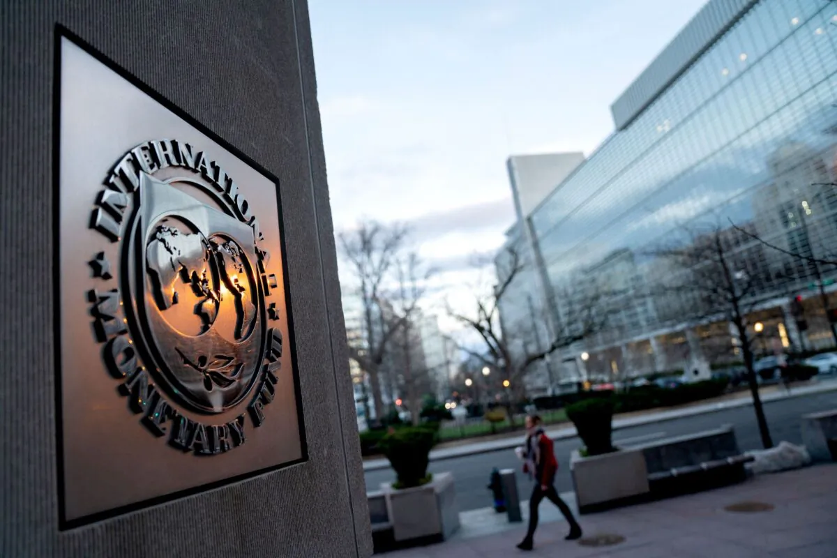 The seal for the International Monetary Fund is seen near the World Bank headquarters in Washington on Jan. 10, 2022. ( Stefani Reynolds/AFP via Getty Images)