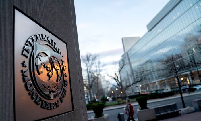 The seal for the International Monetary Fund is seen near the World Bank headquarters in Washington on Jan. 10, 2022. ( Stefani Reynolds/AFP via Getty Images)