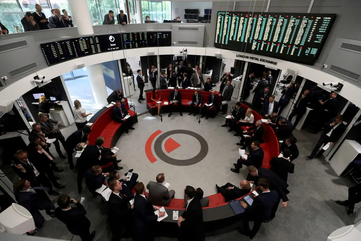Traders work on the floor of the London Metal Exchange in London on Sept. 27, 2018. (Simon Dawson/Reuters)