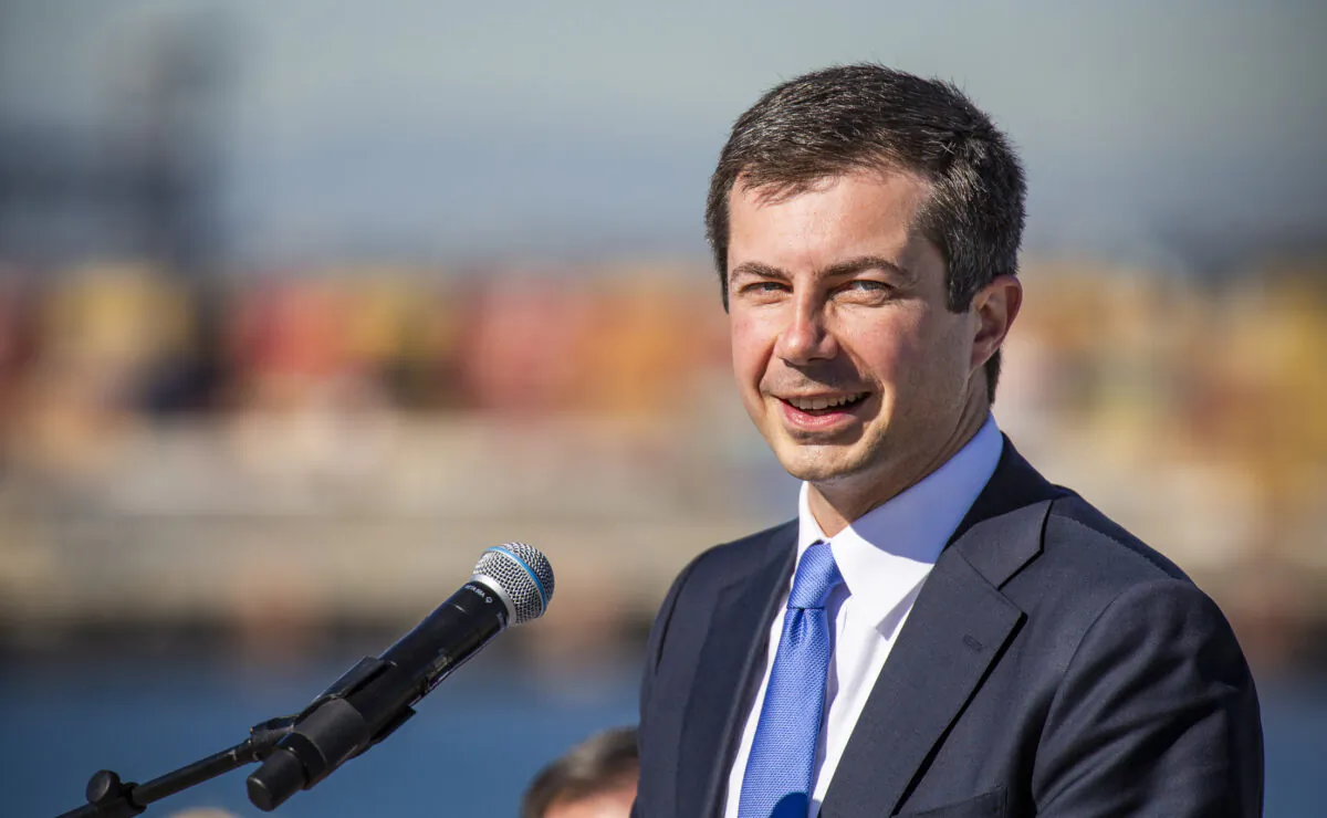 United States Secretary of Transportation Pete Buttigieg speaks in Long Beach, Calif., on Jan 11, 2022. (John Fredricks/The Epoch Times)