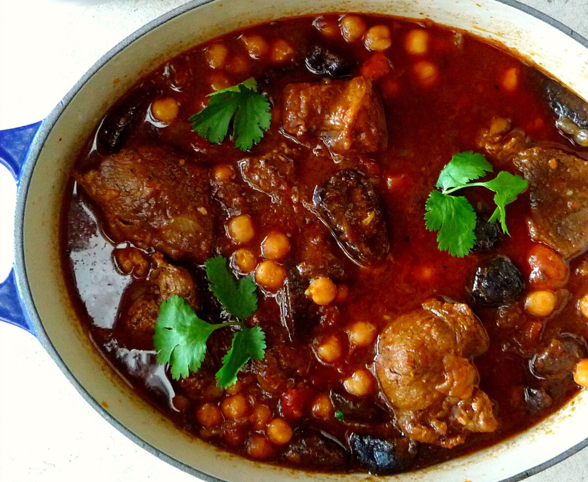 This stew is fragrant and meaty, softly sweetened with figs, heady with harissa, and redolent with ras el hanout. (Lynda Balslev for Tastefood)