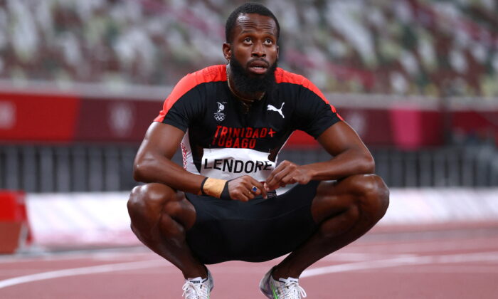 Deon Lendore of Trinidad and Tobago reacts after competing Men's 400m semifinal at Olympic Stadium in Tokyo, on Aug. 2, 2021.  (Lucy Nicholson/Reuters)