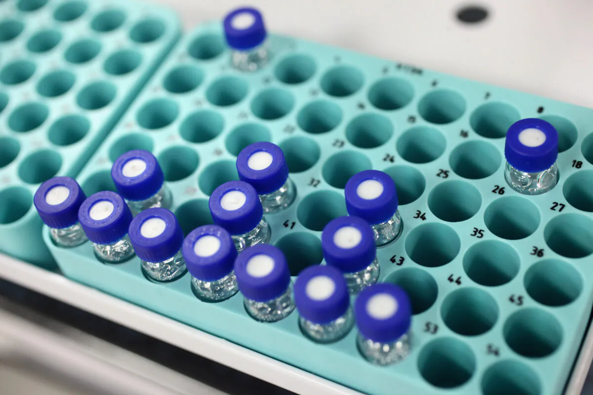 A tray of samples in the anti-doping laboratory from the London 2012 Games in Harlow, England, on Jan. 19, 2012. (Oli Scarff/Getty Images)