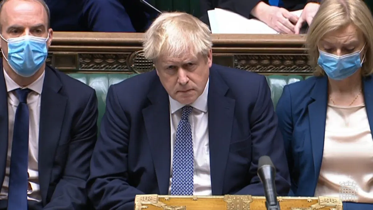 Prime Minister Boris Johnson during Prime Minister's Questions in the House of Commons, London, on Jan. 12, 2022. (House of Commons/PA) 