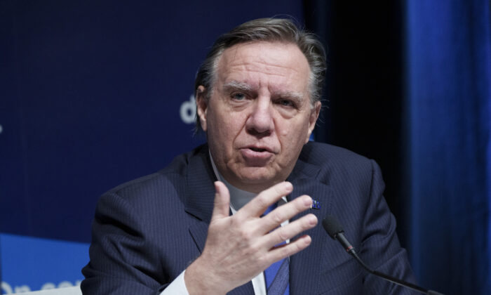 Quebec Premier Francois Legault speaks at a news conference in Montreal on Jan. 11, 2022. (The Canadian Press/Paul Chiasson)