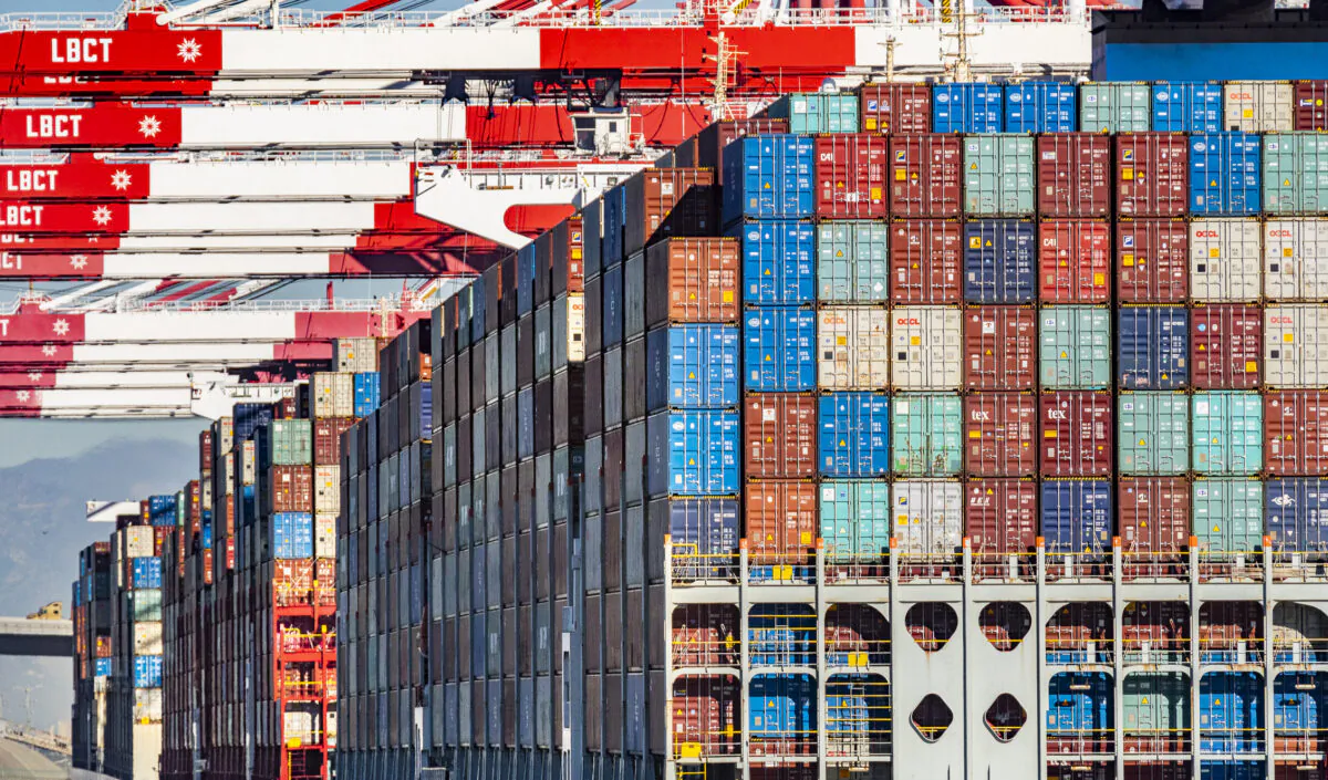 Cargo waits to offload from ships in the Port of Long Beach, Calif., on Jan. 11, 2022. (John Fredricks/The Epoch Times)
