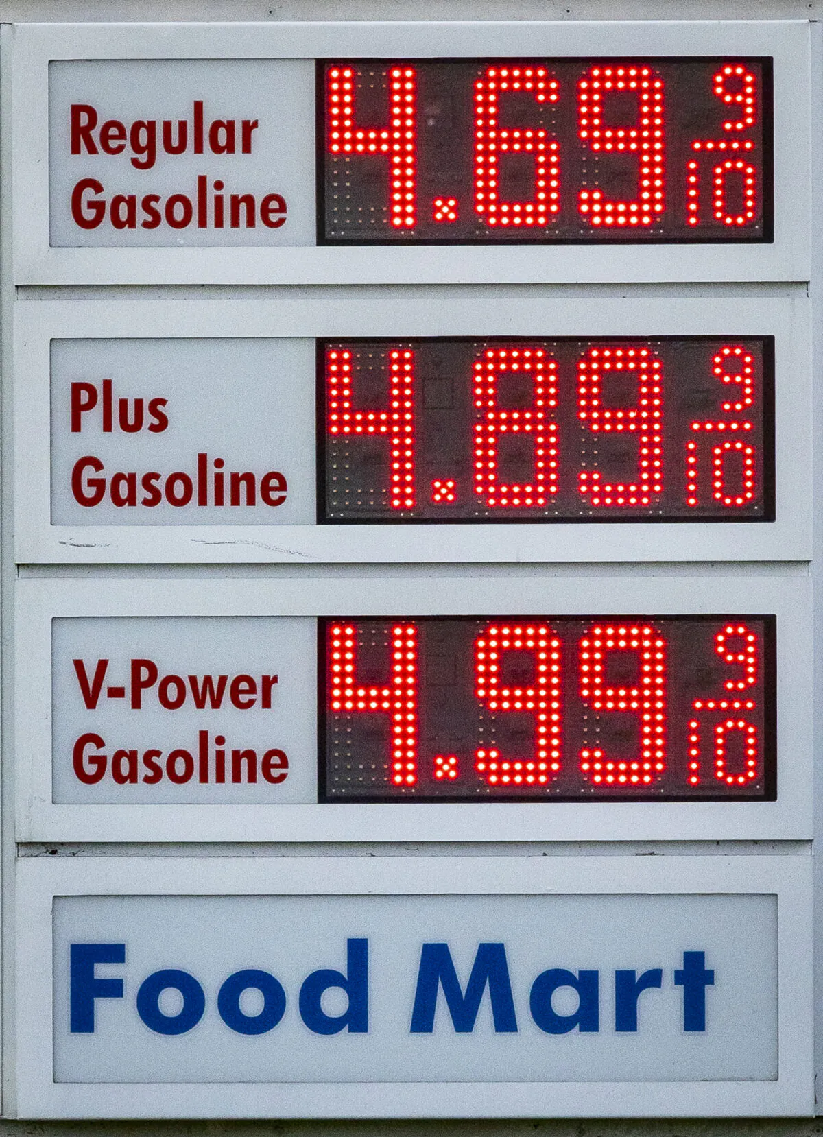 Gas prices in Irvine, Calif., on Jan. 12, 2022. (John Fredricks/The Epoch Times)