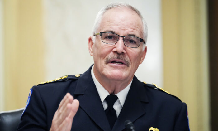 U.S. Capitol Police Chief J. Thomas Manger testifies during the Senate Rules and Administration Committee oversight hearing in Washington, on Jan. 5, 2022. (Tom Williams/Pool/Getty Images)