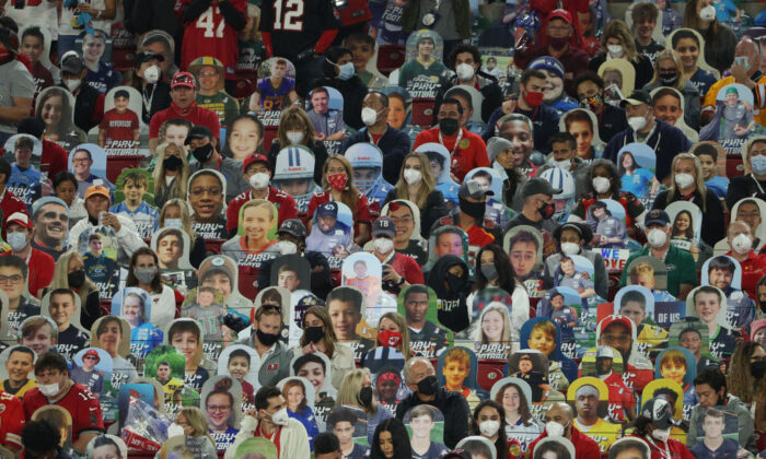Fans sit among cardboard cutouts in the second quarter during Super Bowl LV between the Tampa Bay Buccaneers and the Kansas City Chiefs at Raymond James Stadium on February 7, 2021 in Tampa, Fla. (Patrick Smith/Getty Images)