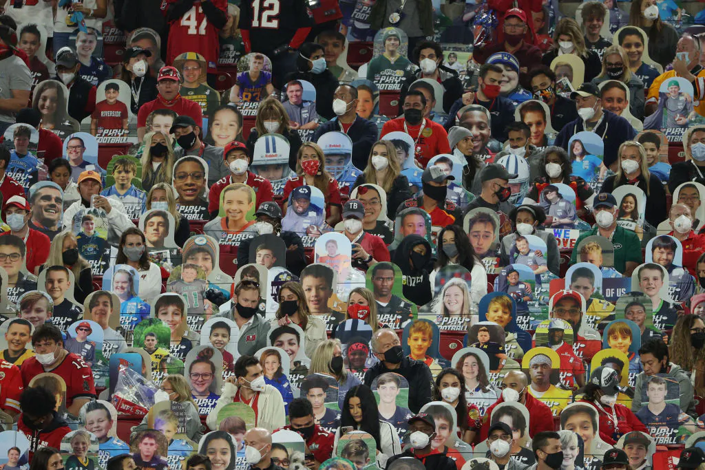 Fans sit among cardboard cutouts in the second quarter during Super Bowl LV between the Tampa Bay Buccaneers and the Kansas City Chiefs at Raymond James Stadium on February 7, 2021 in Tampa, Fla. (Patrick Smith/Getty Images)