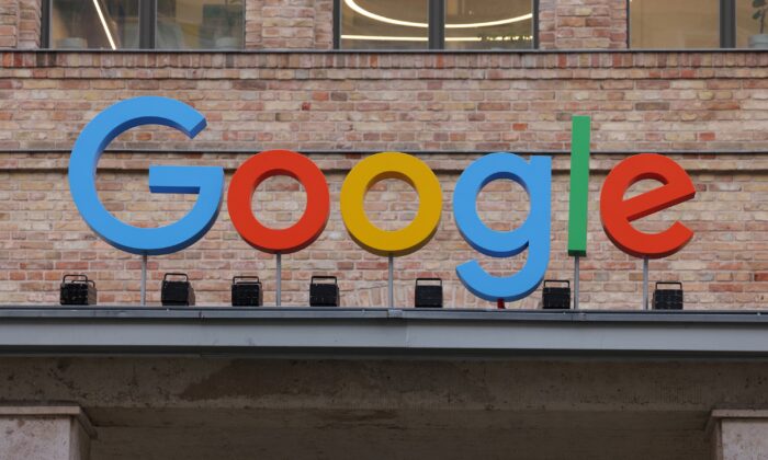 The Google logo is seen outside the Google Germany offices in Berlin on Aug. 31, 2021. (Sean Gallup/Getty Images)