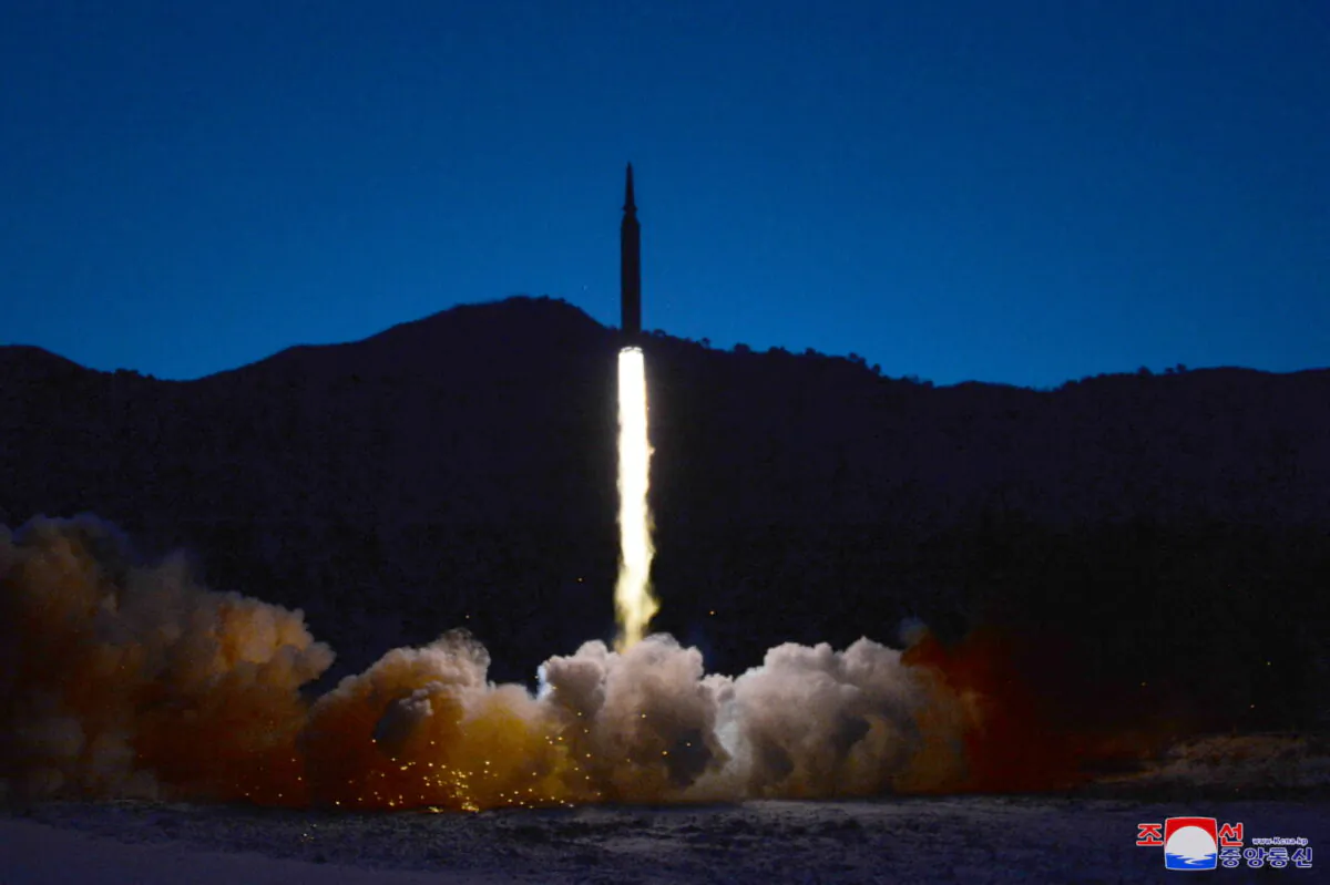 A missile is launched during what state media report is a hypersonic missile test at an undisclosed location in North Korea, on Jan. 11, 2022, in this photo released by North Korea's Korean Central News Agency (KCNA) on Jan. 12, 2022. (KCNA via Reuters)
