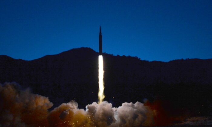 A missile is launched during what state media report is a hypersonic missile test at an undisclosed location in North Korea, on Jan. 11, 2022, in this photo released by North Korea's Korean Central News Agency (KCNA) on Jan. 12, 2022.  (KCNA via Reuters)