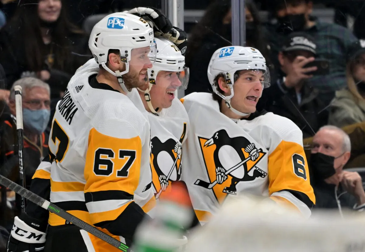 Pittsburgh Penguins left wing Radim Zohorna (67) and defenseman John Marino (6) celebrates during an NHL game against the Anaheim Ducks at Honda Center in Anaheim, Calif. on Jan 11, 2022. (Jayne Kamin-Oncea/USA TODAY Sports via Field Level Media)