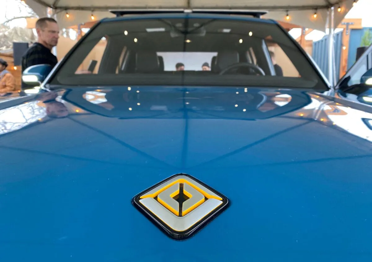 The logo for electric vehicle startup Rivian is seen on the hood of its new R1T all-electric truck in Mill Valley, Calif., on Jan. 25, 2020. (Nathan Frandino/Reuters)