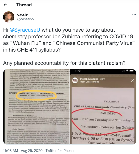 Screenshot from Twitter account of @ of Professor Jon Zubieta's syllabus.