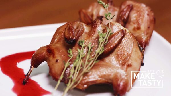 Let’s Make It Tasty : Quail Baked in Honey Mustard Marinade with Pomegranate Sauce and Souffle