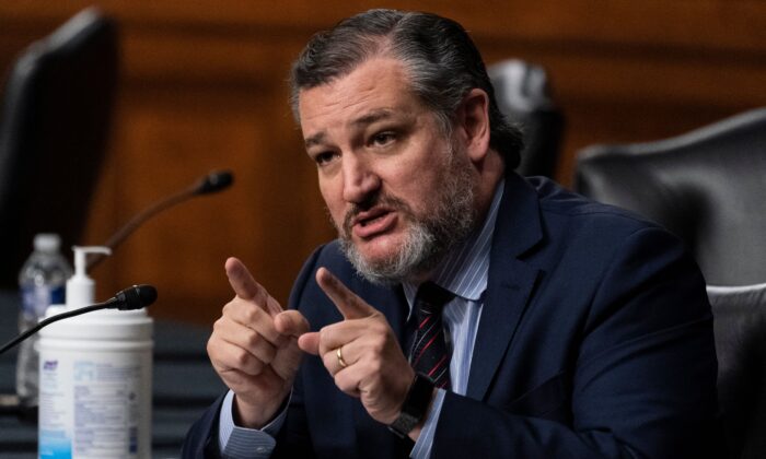 Sen. Ted Cruz (R-Texas), a member of the Senate Foreign Relations Committee, speaks during a hearing to examine U.S.-Russia policy at the U.S. Capitol in Washington on Dec. 7, 2021. (Alex Brandon/POOL/AFP via Getty Images)