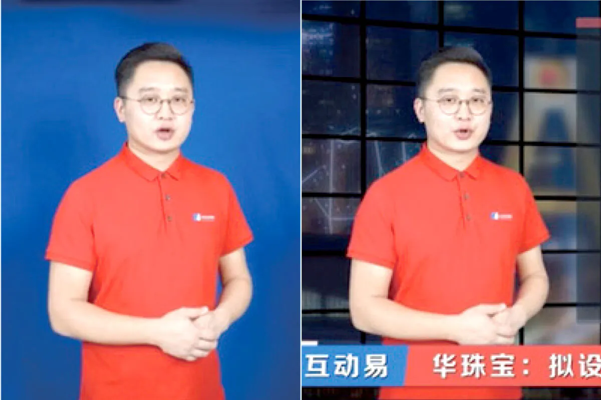 (R) A screenshot image of the real-life news anchor on the “N Xiaohei Finance” program (L) N Xiaohei’s AI-rendered virtual twin in a blue background. (An Epoch Times composite image)