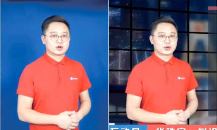 (R) A screenshot image of the real-life news anchor on the “N Xiaohei Finance” program (L) N Xiaohei’s AI-rendered virtual twin in a blue background. (An Epoch Times composite image)