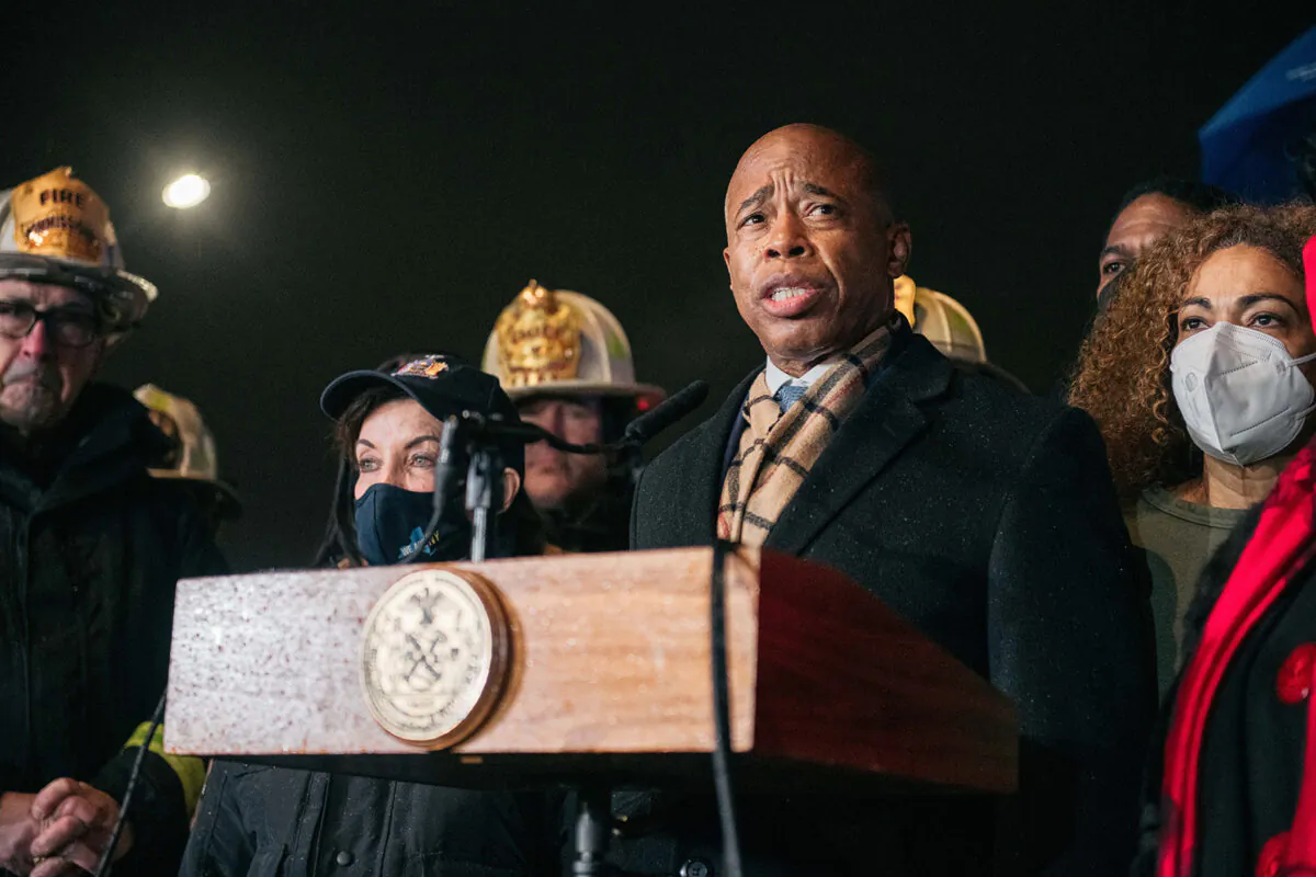 New York City Mayor Eric Adams addresses the media in the aftermath of a deadly fire at a 19-story building, in the Bronx borough of New York City, on Jan. 9, 2022. Seventeen people, including eight children, died in the blaze, according to officials. (Getty Images)
