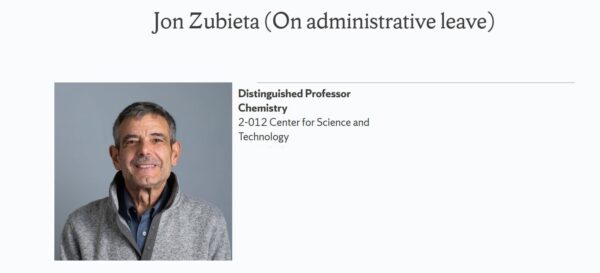 Screenshot from Syracuse University website after Jon Zubeta shortly after he was placed on administrative leave for using the terms "Wuhan Flue" and "Chinese Communist Party Virus" in his syllabus.
