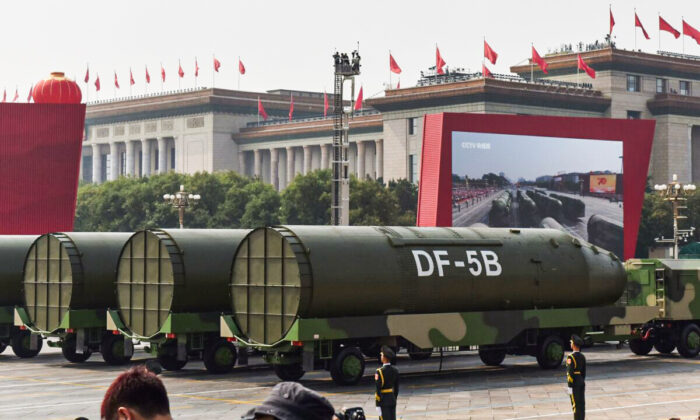 Military vehicles carrying DF-5B intercontinental ballistic missiles participate in a military parade at Tiananmen Square in Beijing on Oct. 1, 2019. (Greg Baker/AFP via Getty Images)