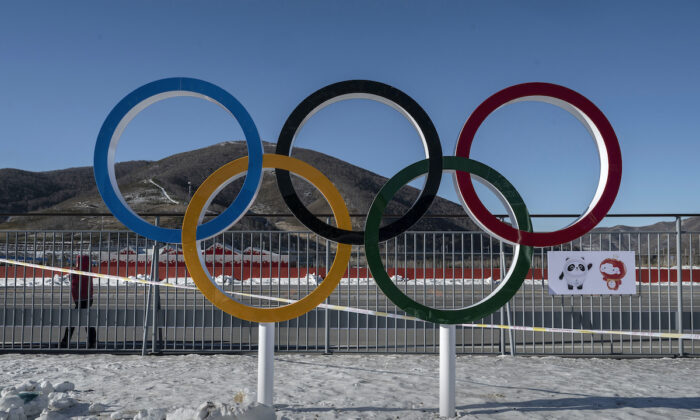 The Olympic Rings are seen inside one of the Athletes' Villages for the Beijing 2022 Winter Olympics before the area was closed in Hebei Province, northern China, on Jan. 3, 2022. (Kevin Frayer/Getty Images)
