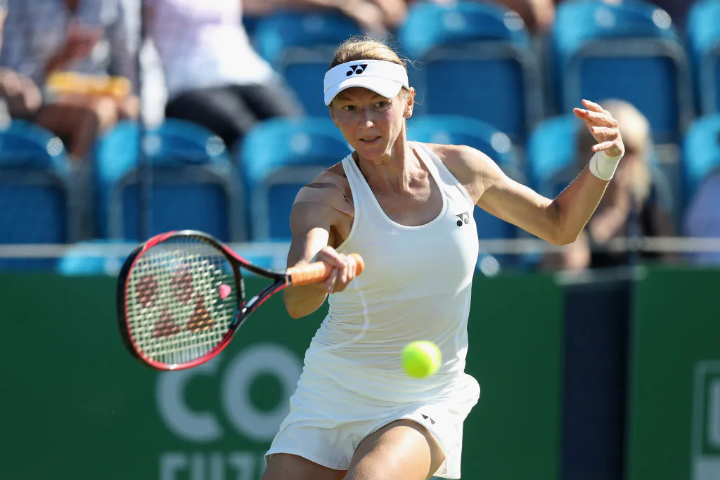 Renata Voracova of the Czech Republic in action against Johanna Larsson of Sweden in their Round One match during Day One of the Fuzion 100 Southsea Trophy at Canoe Lake Leisure in Portsmouth, UK, on June 26, 2018. (Christopher Lee/Getty Images for LTA)