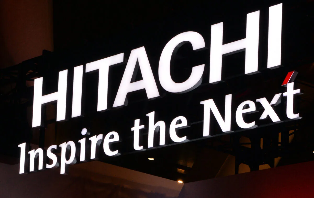 A logo of Japan's high-tech giant Hitachi at an exhibition in Tokyo, on Oct. 29, 2013. (Yoshikazu Tsuno/AFP via Getty Images)