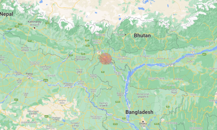 A screenshot taken from google maps shows the Jalpaiguri district in the West Bengal state, India. (Screenshot via The Epoch Times)
