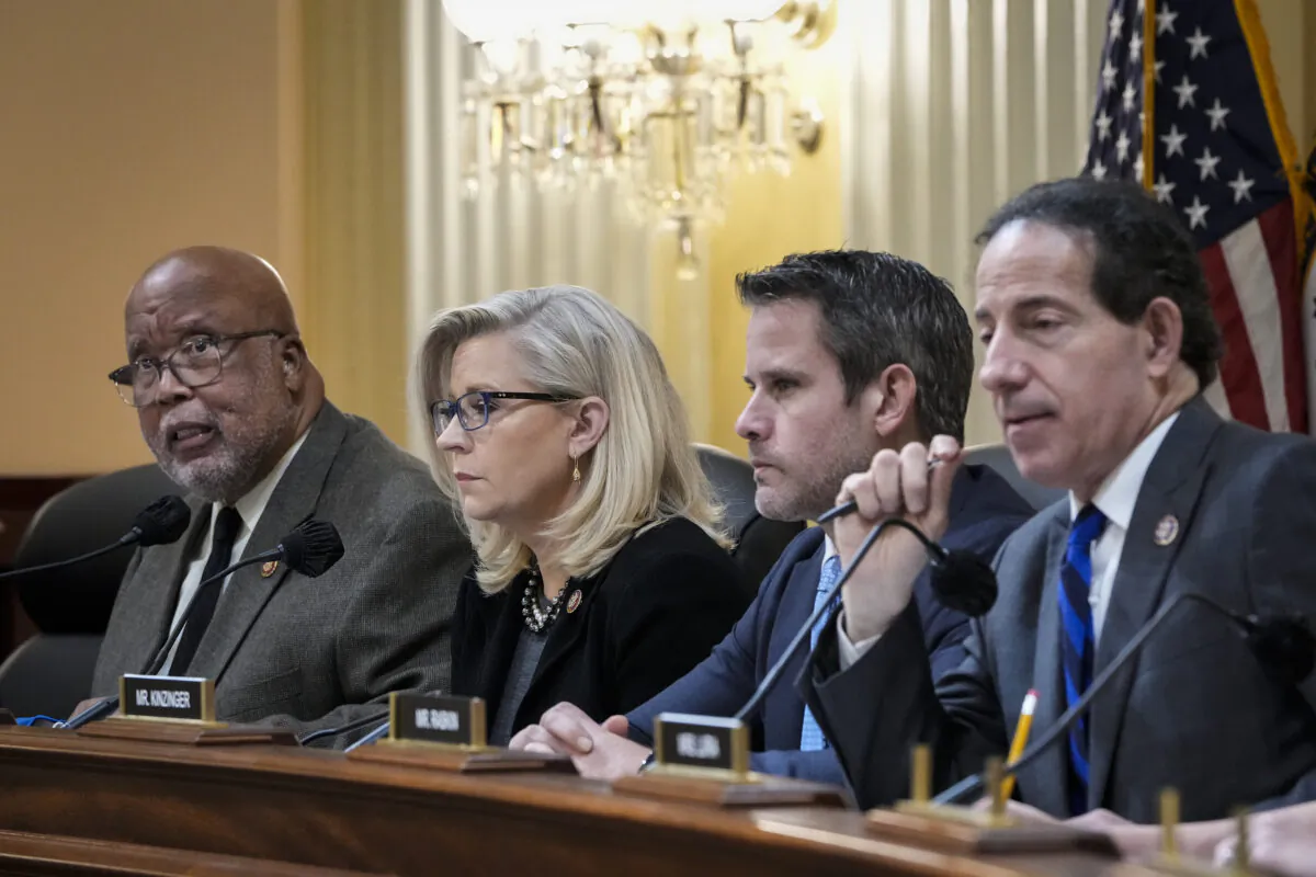 (L-R) Rep. Bennie Thompson (D-Miss.), chair of the select committee investigating the events on Jan. 6 at the Capitol, speaks as Rep. Liz Cheney (R-Wyo.), vice-chair of the select committee investigating the January 6 attack on the Capitol, Rep. Adam Kinzinger (R-Ill.) and Rep. Jamie Raskin (D-Md.) listen during a committee meeting on Capitol Hill on Dec. 1, 2021. (Drew Angerer/Getty Images)
