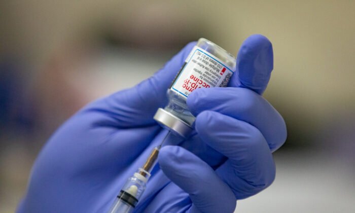 The COVID-19 Moderna vaccine prepared at Lestonnac Free Clinic in Orange, Calif., on March 9, 2021. (John Fredricks/The Epoch Times)