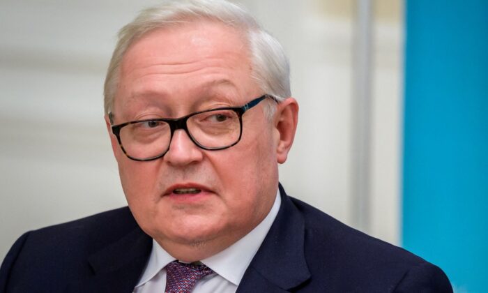 Russian Deputy Foreign Minister Sergei Ryabkov looks on during a press conference following talks with U.S. counterparts on soaring tensions over Ukraine, in Geneva, on Jan. 10, 2022. (Eloi Rouyer/AFP via Getty Images)