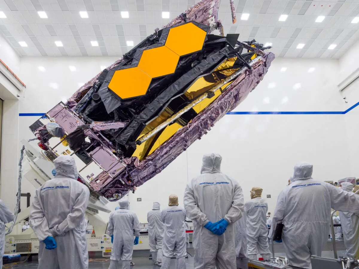 The James Webb Space Telescope is packed up for shipment to its launch site in Kourou, French Guiana in an undated photograph at Northrop Grumman's Space Park in Redondo Beach, Calif., (NASA/Chris Gunn/via Reuters)