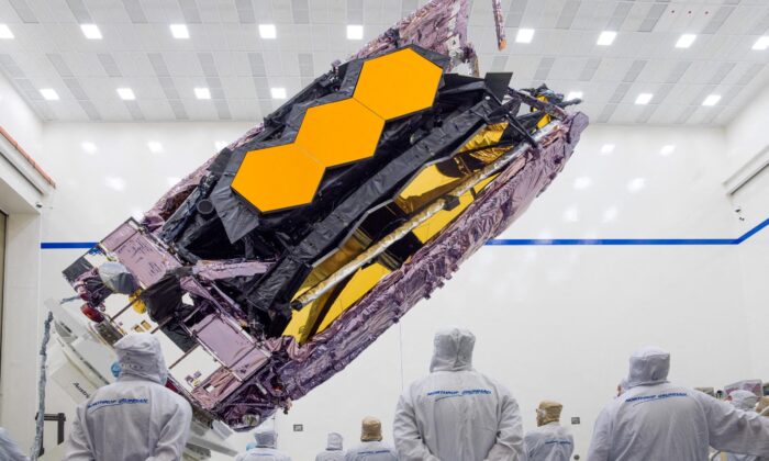 The James Webb Space Telescope is packed up for shipment to its launch site in Kourou, French Guiana in an undated photograph at Northrop Grumman's Space Park in Redondo Beach, Calif., (NASA/Chris Gunn/via Reuters)