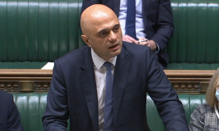 Health Secretary Sajid Javid making a statement on COVID-19 in the House of Commons in London on Jan. 13, 2022. (House of Commons via PA)