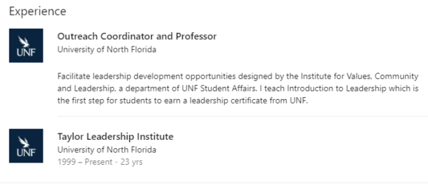 Screenshot of Professor Dianna Taylor's experience at The University of North Florida.