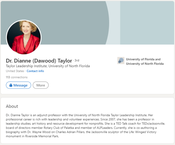 Screenshot of a second LinkedIn profile page for Dr. Dianna Taylor confirming her position as an adjunct professor at the University of North Florida. 