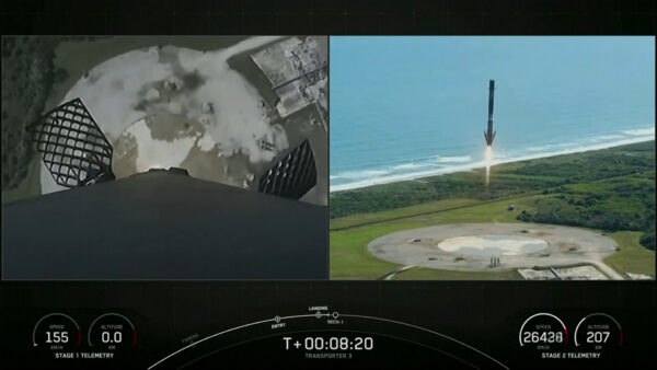 Various of SpaceX Falcon 9 rocket reignition and landing