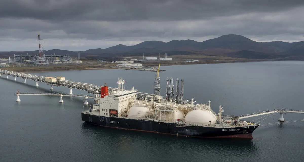 The tanker Sun Arrows loads its cargo of liquefied natural gas from the Sakhalin-2 project in the port of Prigorodnoye, Russia, on Oct. 29, 2021. (AP Photo)