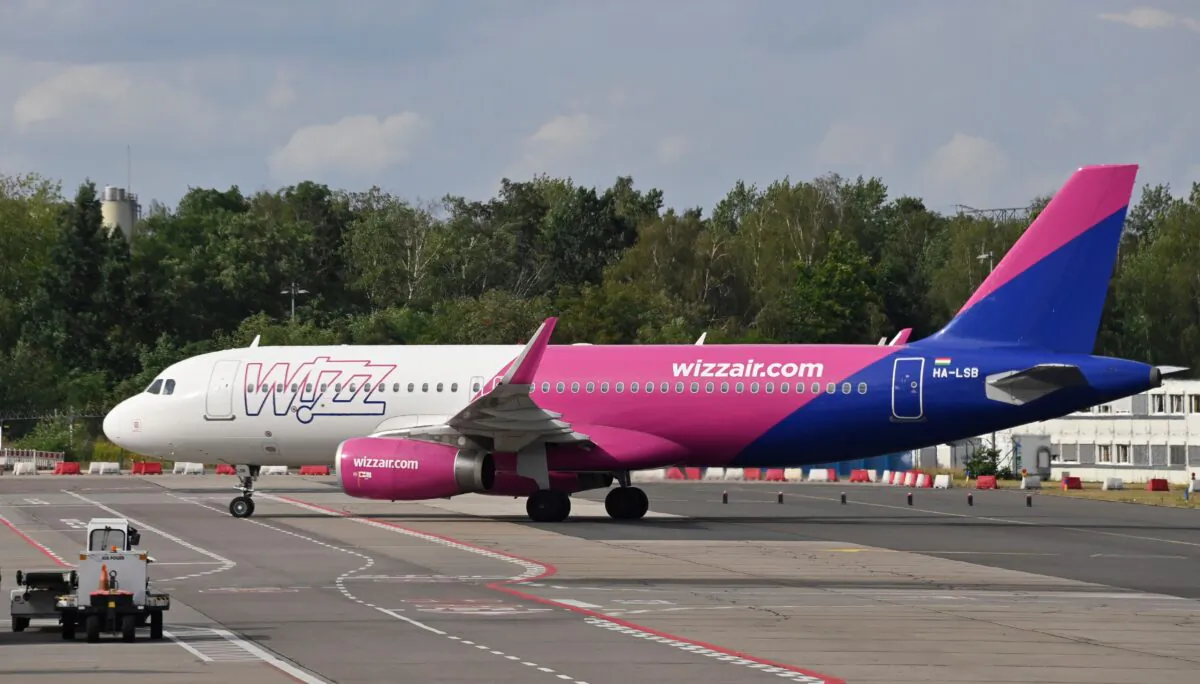 An aircraft of Hungarian low-cost airline Wizz Air is seen on the tarmac at Schoenefeld airport in Schoenefeld, near Berlin, on Aug. 24, 2020. (John Macdougall/AFP via Getty Images)