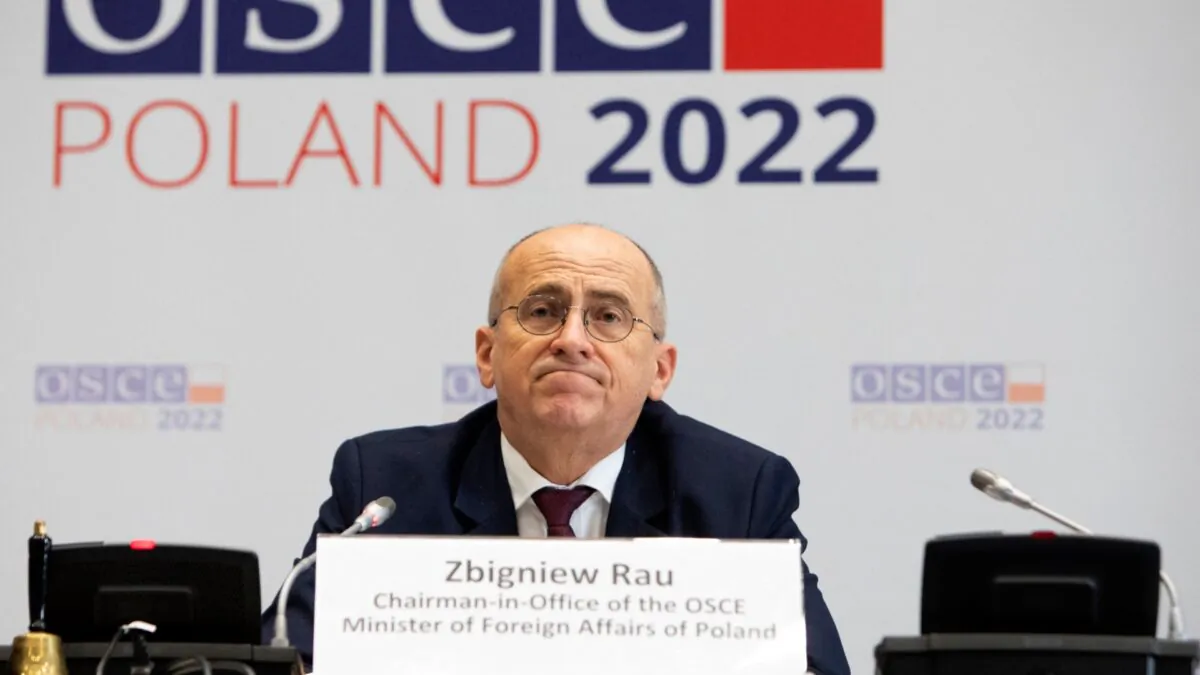 Zbigniew Rau, Polish Foreign Minister and Chairperson-in-Office of the Organization for Security and Cooperation in Europe (OSCE), gives a press conference at Hofburg Palace in Vienna, Austria, on Jan. 13, 2022. (Alex Halada/AFP via Getty Images)
