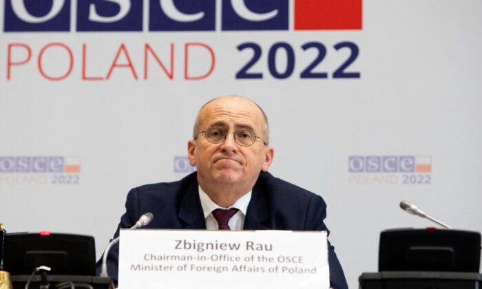 Zbigniew Rau, Polish Foreign Minister and Chairperson-in-Office of the Organization for Security and Cooperation in Europe (OSCE), gives a press conference at Hofburg Palace in Vienna, Austria, on Jan. 13, 2022. (Alex Halada/AFP via Getty Images)