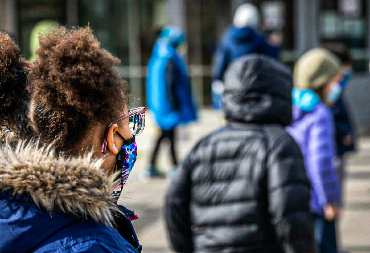A child wears a mask at Rogers International School in Stamford, Connecticut, on Nov.19, 2020. (John Moore/Getty Images)