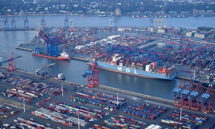 Aerial view of a container terminal in the port of Hamburg, Germany, on Nov. 14, 2019. (Fabian Bimmer/Reuters)